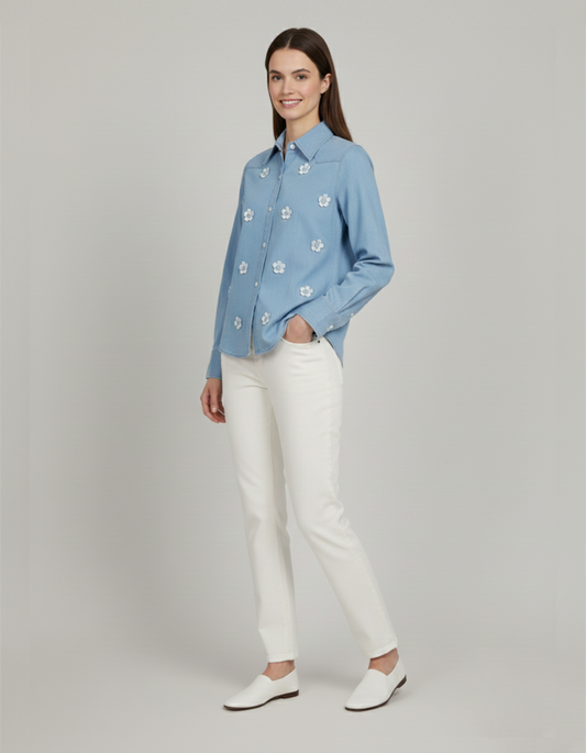 Denim Flower Embroidered Shirt