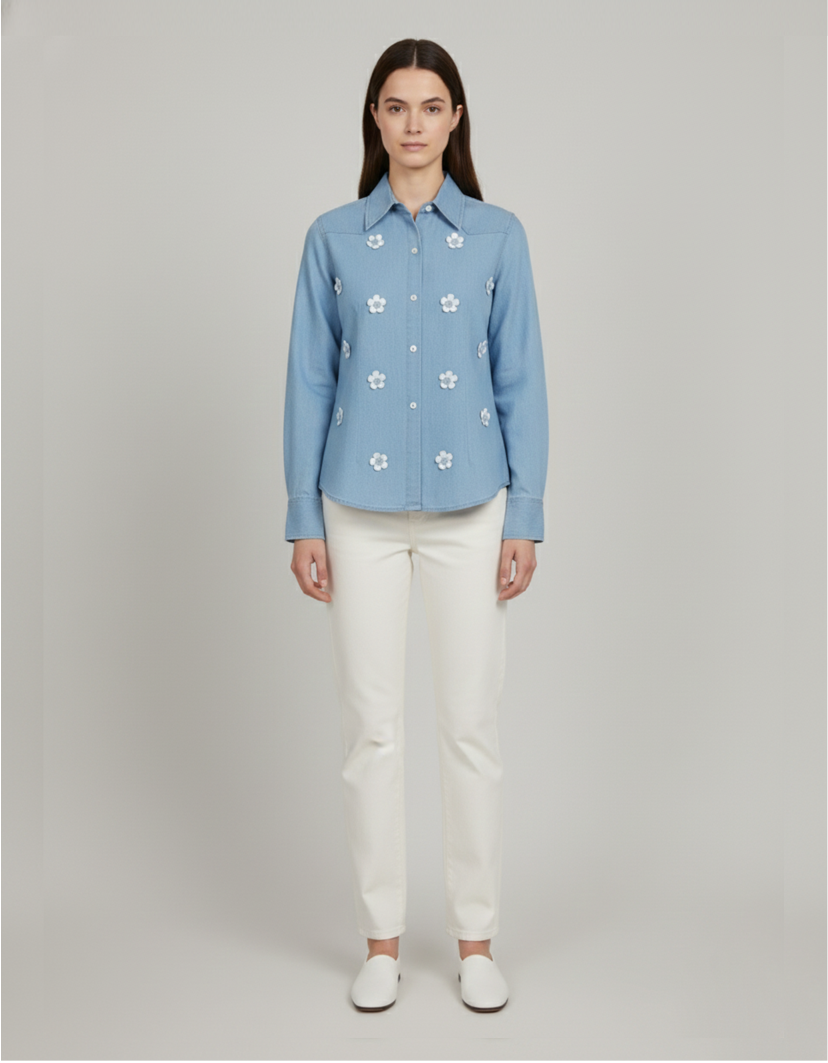 Denim Flower Embroidered Shirt