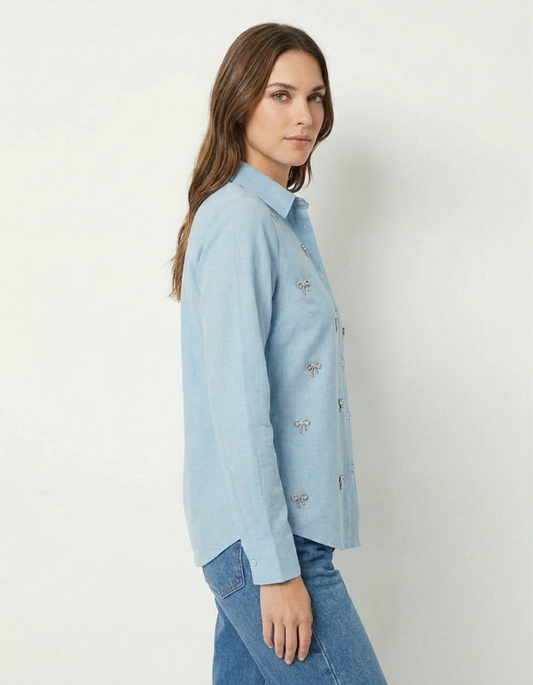 Embellished Bow Detail Shirt (Blue)