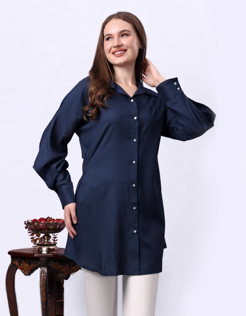Mini Shirt Dress for Women - Dark Blue Rayon Casual Dress