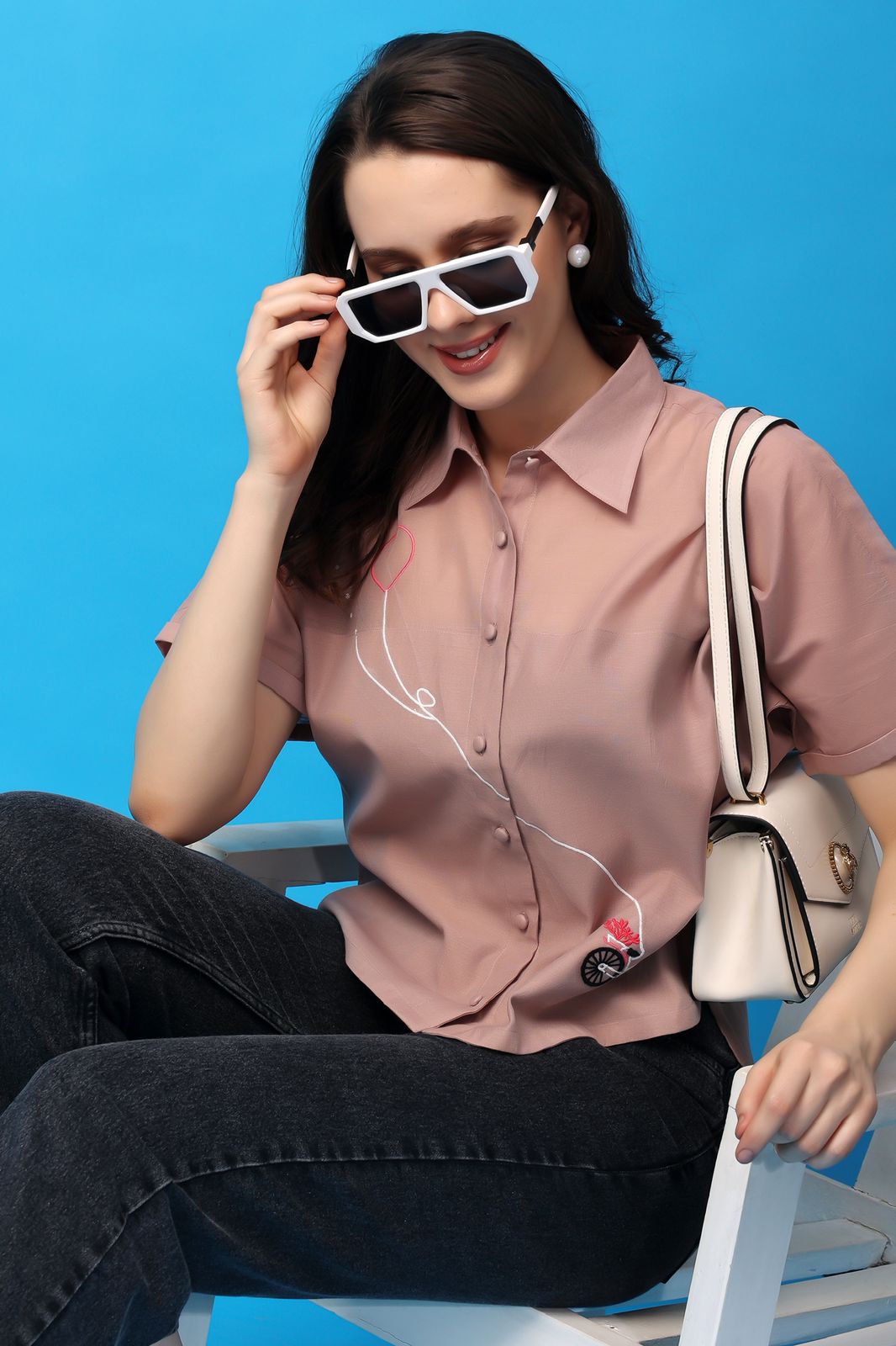 Embroidered Shirt for Women - Beige Pink Cotton Chanderi