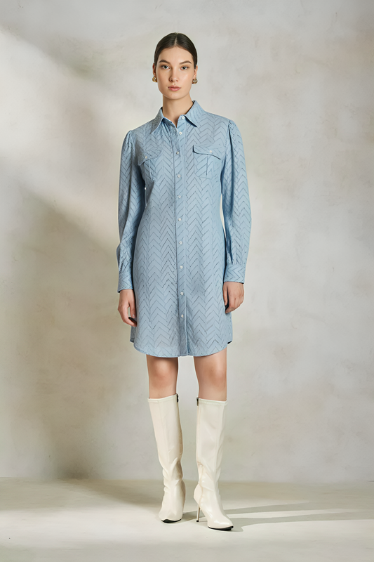 Schiffli Textured Shirt Dress (Blue)