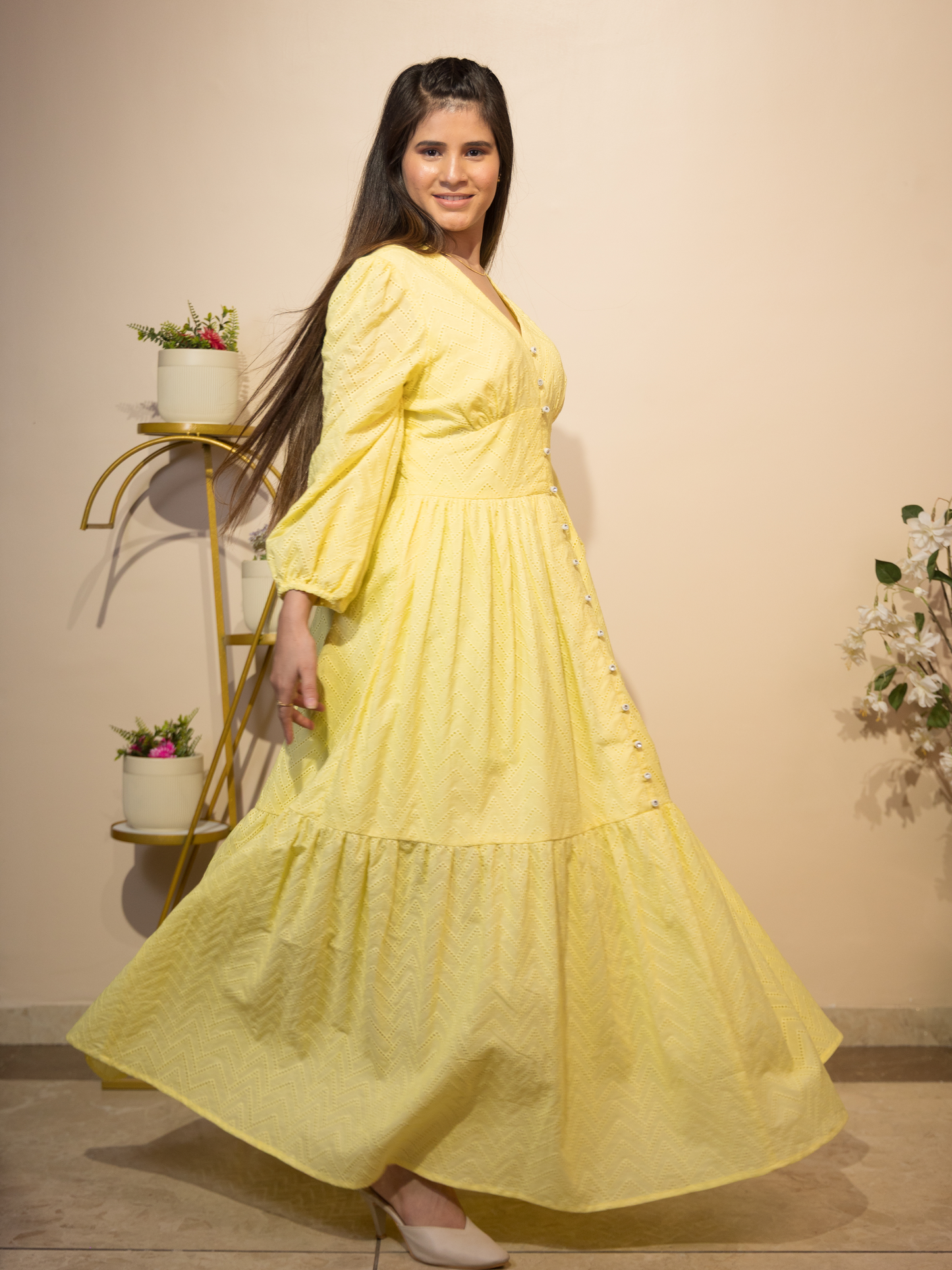 Schiffli Textured Flared Dress (Yellow)