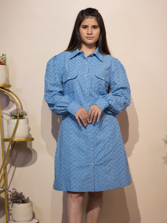 Schiffli Textured Shirt Dress (Blue)