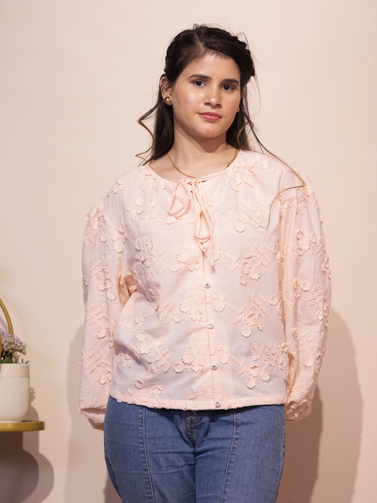 Floral Schiffli Tie-Neck Top (Peach)