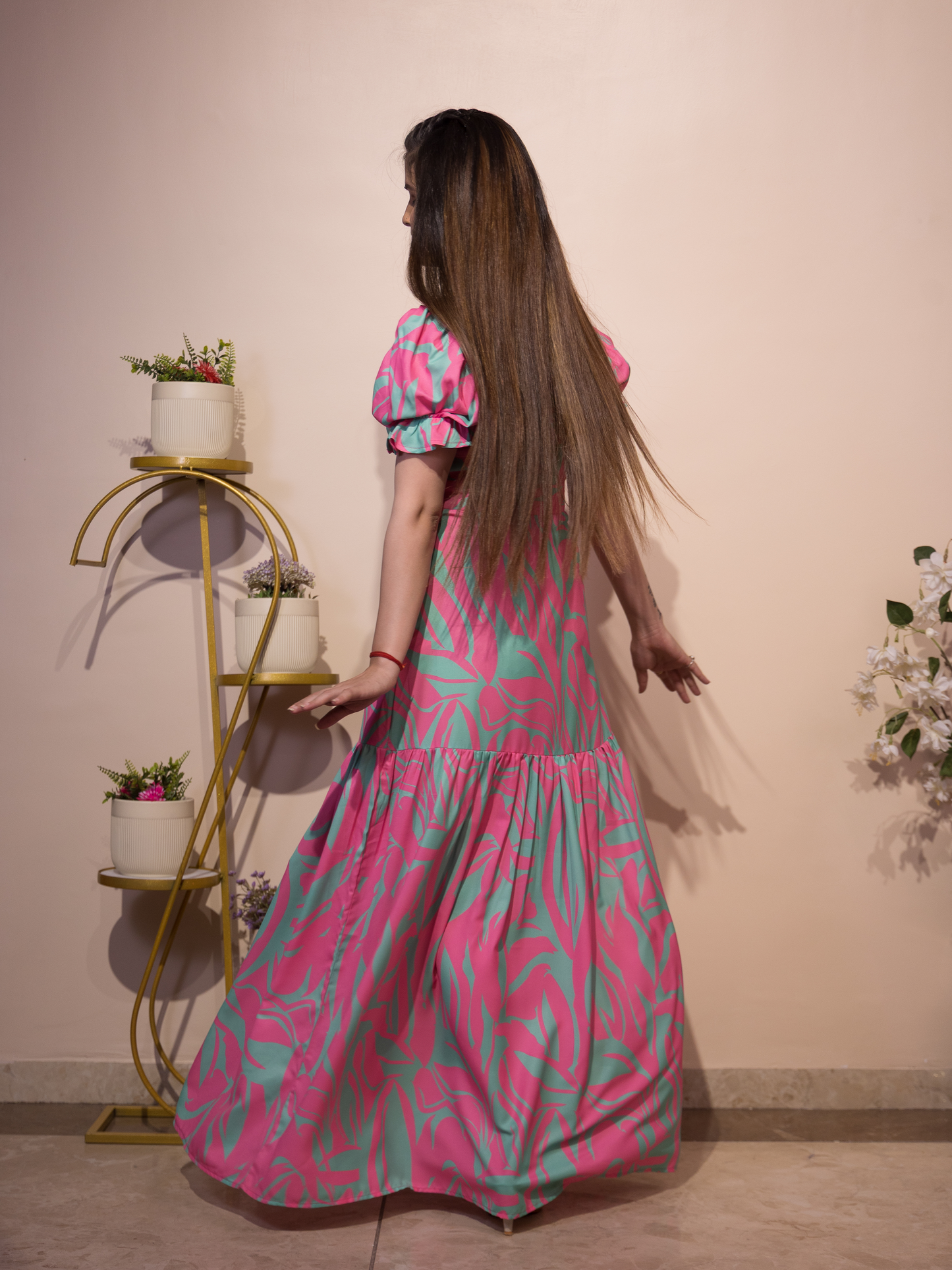 Pink-Green Leaf Print Long Dress