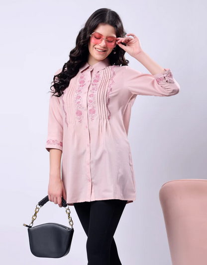 Embroidered Long Shirt for Women - Pink Poly Linen 3/4 Sleeve