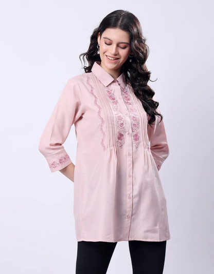 Embroidered Long Shirt for Women - Pink Poly Linen 3/4 Sleeve