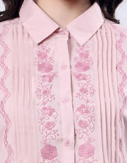 Embroidered Long Shirt for Women - Pink Poly Linen 3/4 Sleeve
