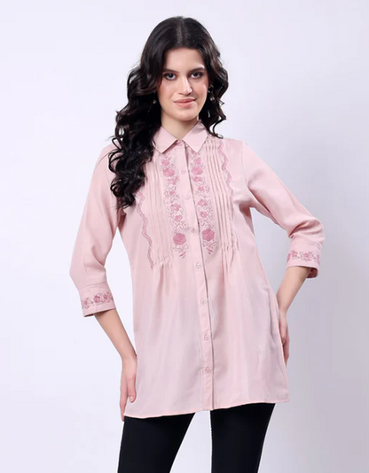 Embroidered Long Shirt for Women - Pink Poly Linen 3/4 Sleeve