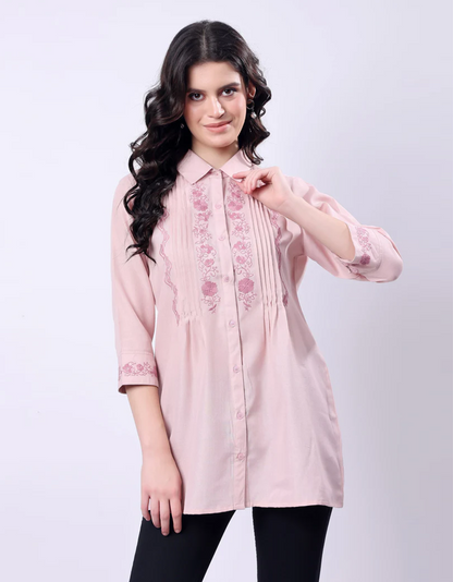 Embroidered Long Shirt for Women - Pink Poly Linen 3/4 Sleeve