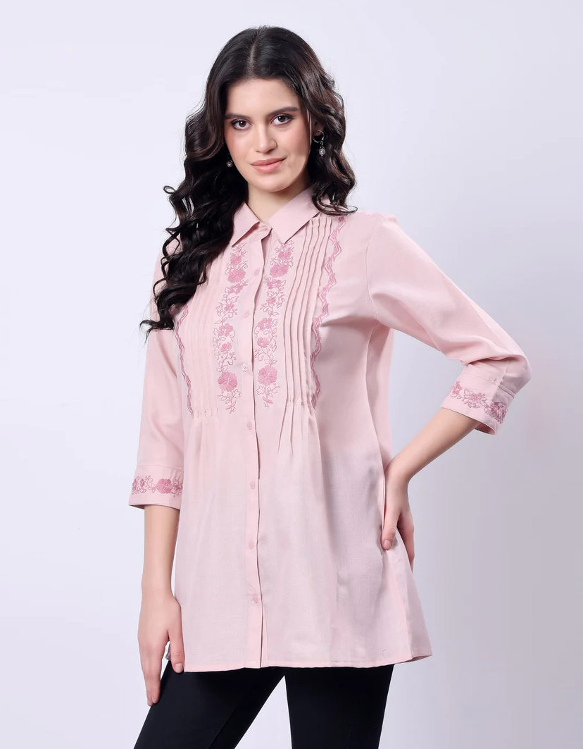 Embroidered Long Shirt for Women - Pink Poly Linen 3/4 Sleeve