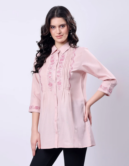 Embroidered Long Shirt for Women - Pink Poly Linen 3/4 Sleeve