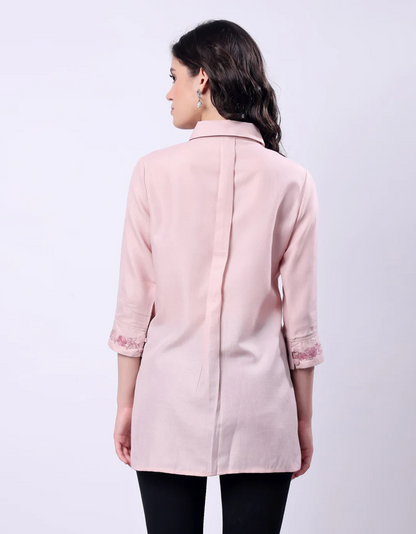 Embroidered Long Shirt for Women - Pink Poly Linen 3/4 Sleeve