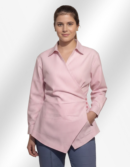 Asymmetric Wrap Pinstripe Shirt (Pink)