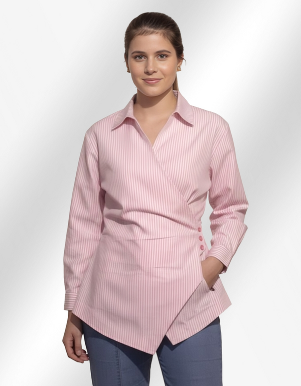 Asymmetric Wrap Pinstripe Shirt (Pink)