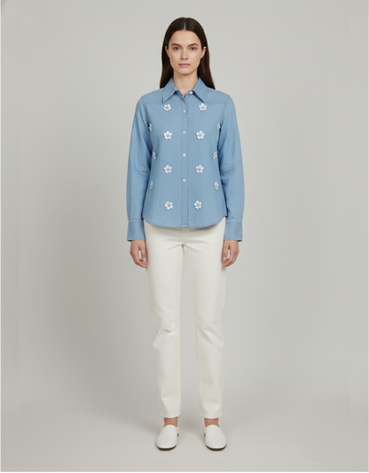 Denim Flower Embroidered Shirt