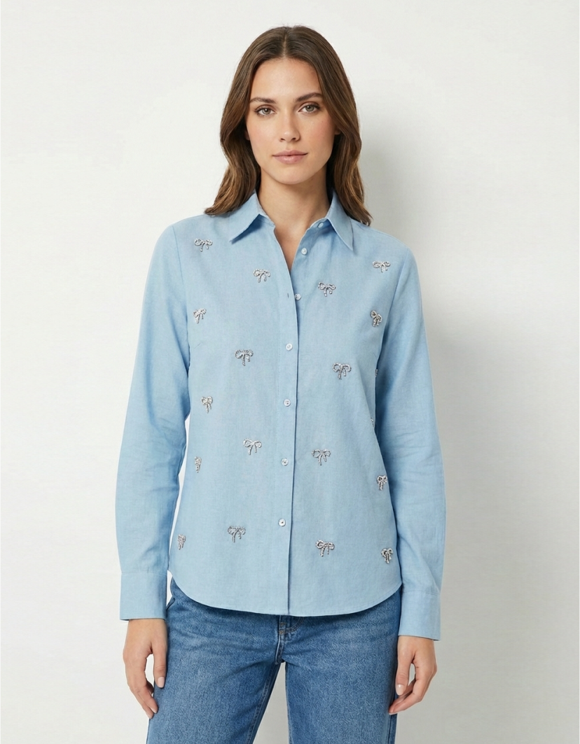 Embellished Bow Detail Shirt (Blue)
