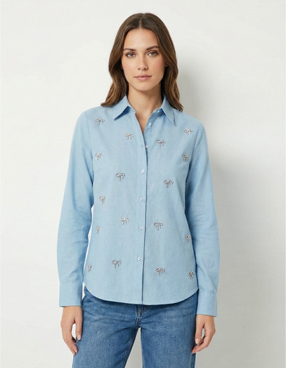 Embellished Bow Detail Shirt (Blue)