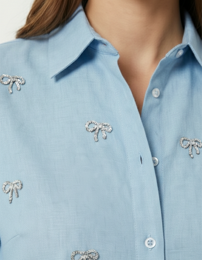 Embellished Bow Detail Shirt (Blue)