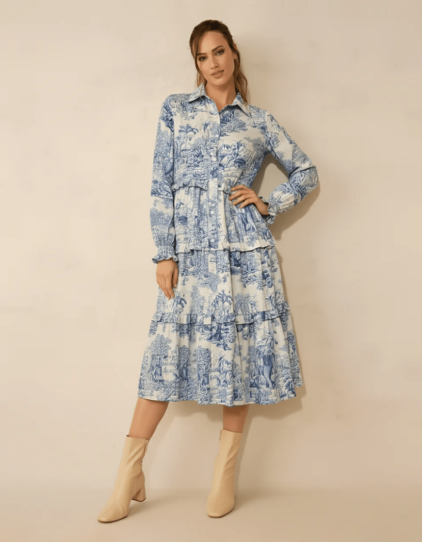 Blue Toile-Print Tiered beach Shirt Dress
