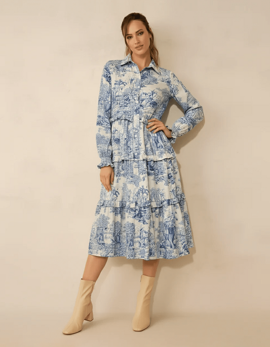 Blue Toile-Print Tiered beach Shirt Dress