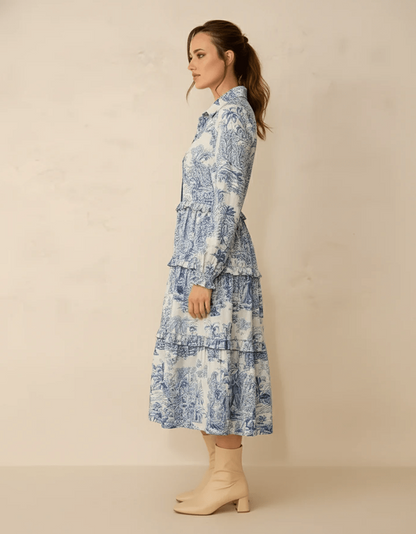 Blue Toile-Print Tiered beach Shirt Dress