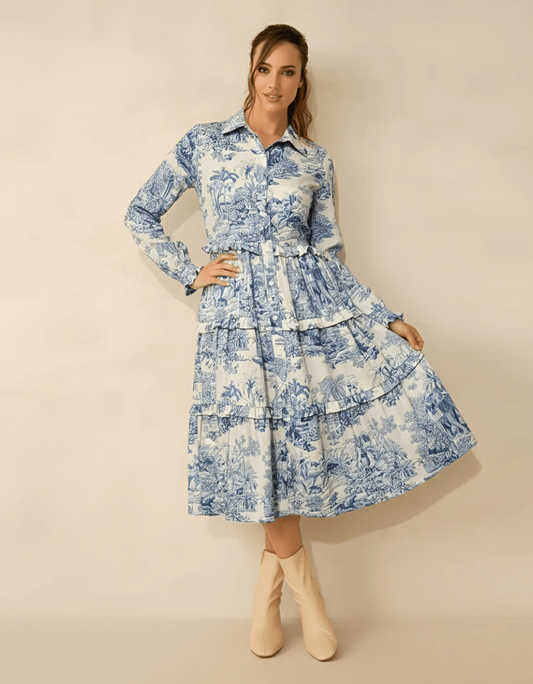 Blue Toile-Print Tiered beach Shirt Dress