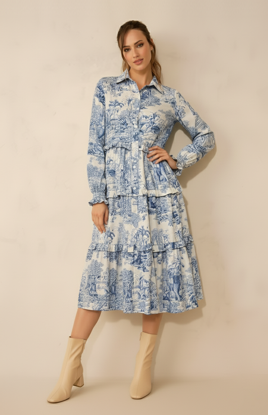 Blue Toile-Print Tiered beach Shirt Dress