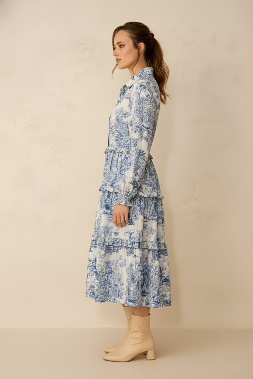 Blue Toile-Print Tiered beach Shirt Dress