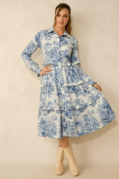 Blue Toile-Print Tiered beach Shirt Dress