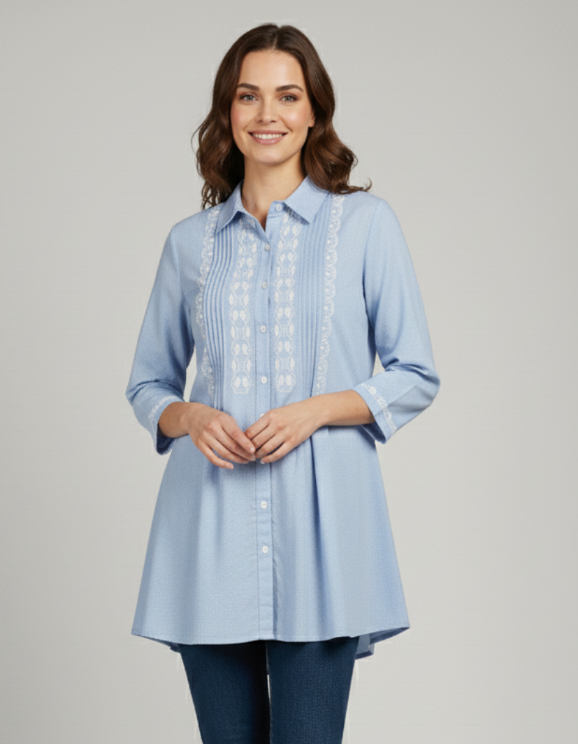 Embroidered Long Shirt for Women - Blue Poly Linen 3/4 Sleeve