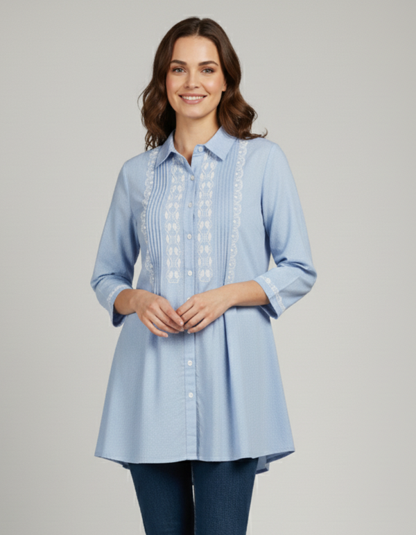 Embroidered Long Shirt for Women - Blue Poly Linen 3/4 Sleeve