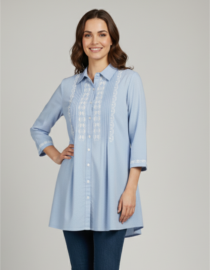 Embroidered Long Shirt for Women - Blue Poly Linen 3/4 Sleeve