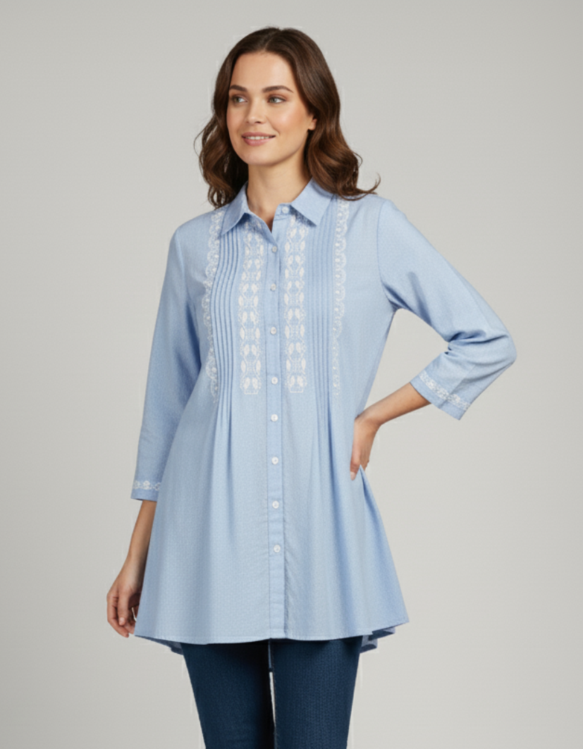 Embroidered Long Shirt for Women - Blue Poly Linen 3/4 Sleeve