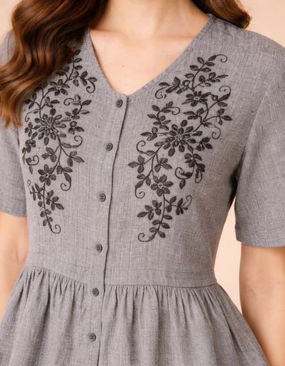 Embroidered Top for Women - Grey Poly Linen 3/4 Sleeve