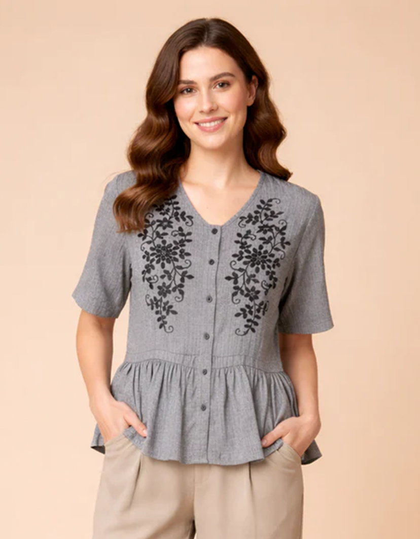 Embroidered Top for Women - Grey Poly Linen 3/4 Sleeve