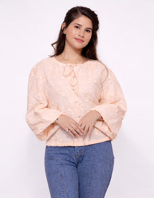 Floral Schiffli Tie-Neck Top (Peach)