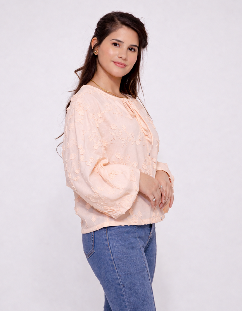 Floral Schiffli Tie-Neck Top (Peach)