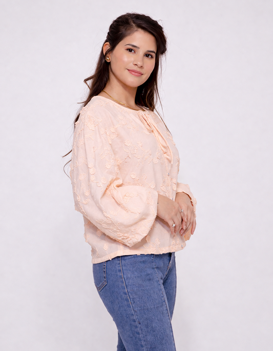Floral Schiffli Tie-Neck Top (Peach)