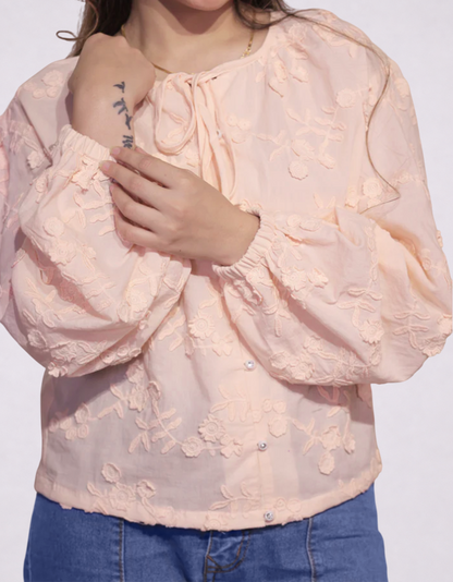 Floral Schiffli Tie-Neck Top (Peach)