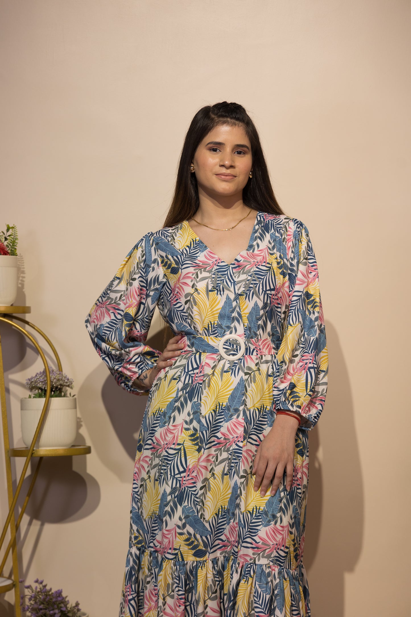 Tropical Leaf Print Long Dress