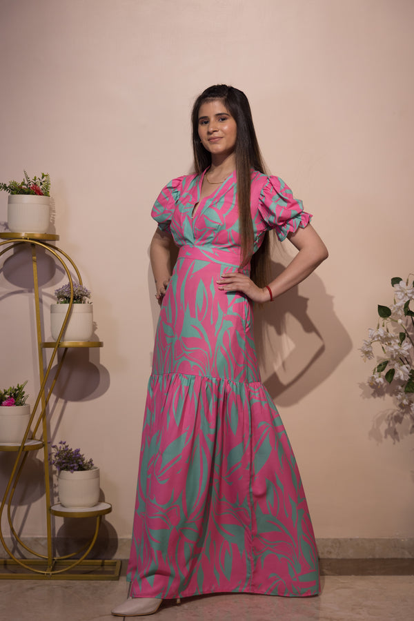Pink-Green Leaf Print Long Dress