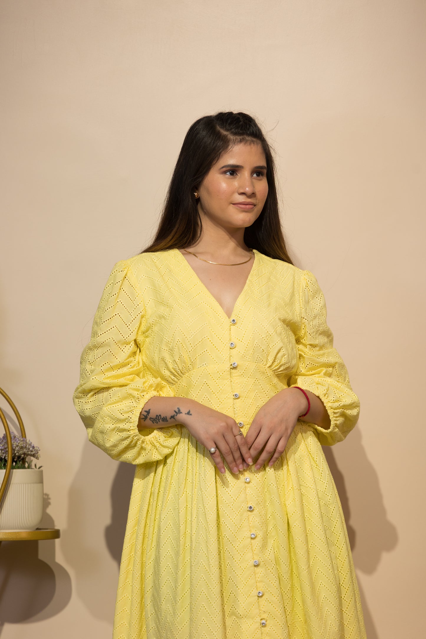 Schiffli Textured Flared Dress (Yellow)