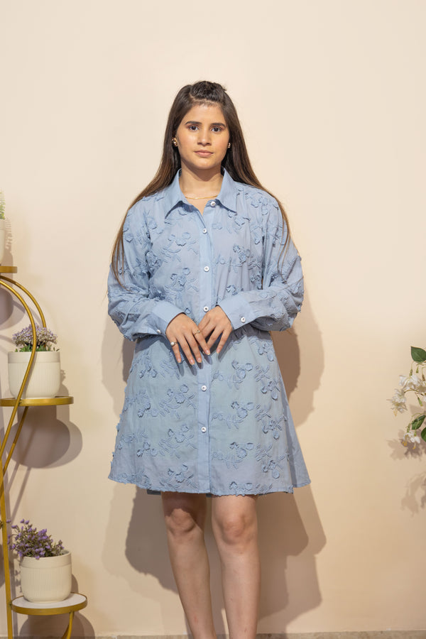 Floral Schiffli Embroidered Shirt Dress (Blue)