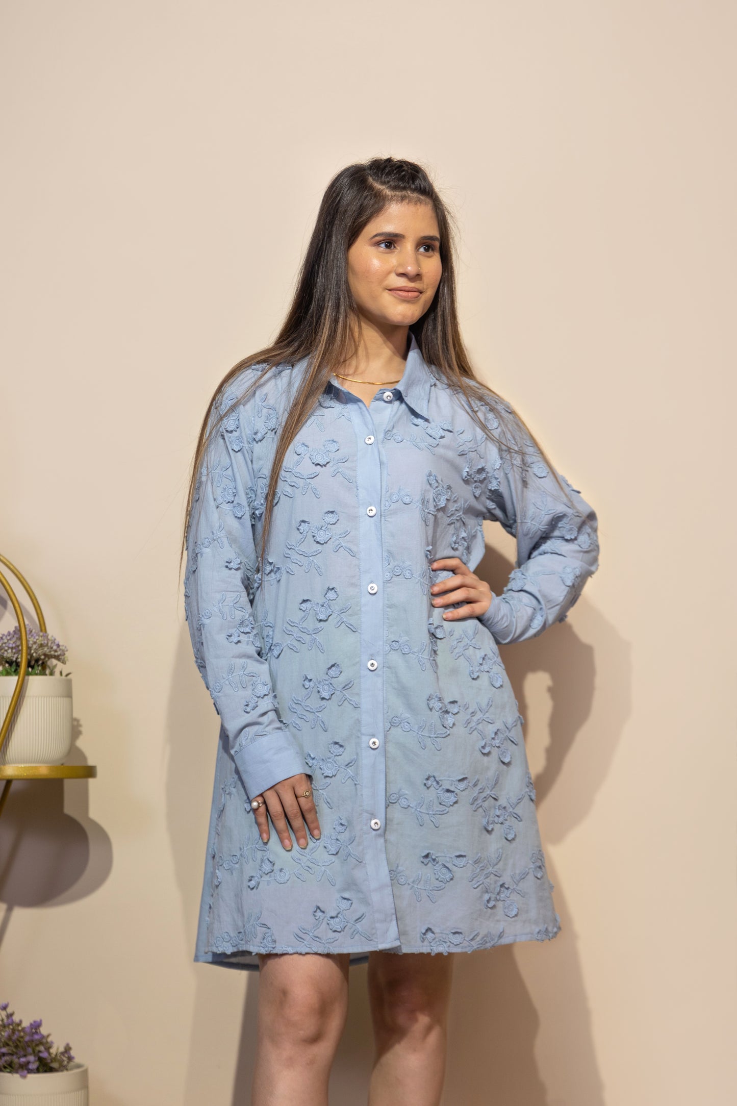 Floral Schiffli Embroidered Shirt Dress (Blue)