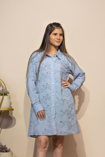 Floral Schiffli Embroidered Shirt Dress (Blue)