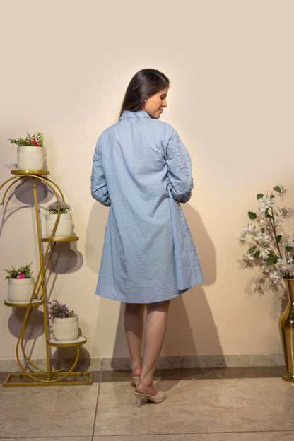 Floral Schiffli Embroidered Shirt Dress (Blue)