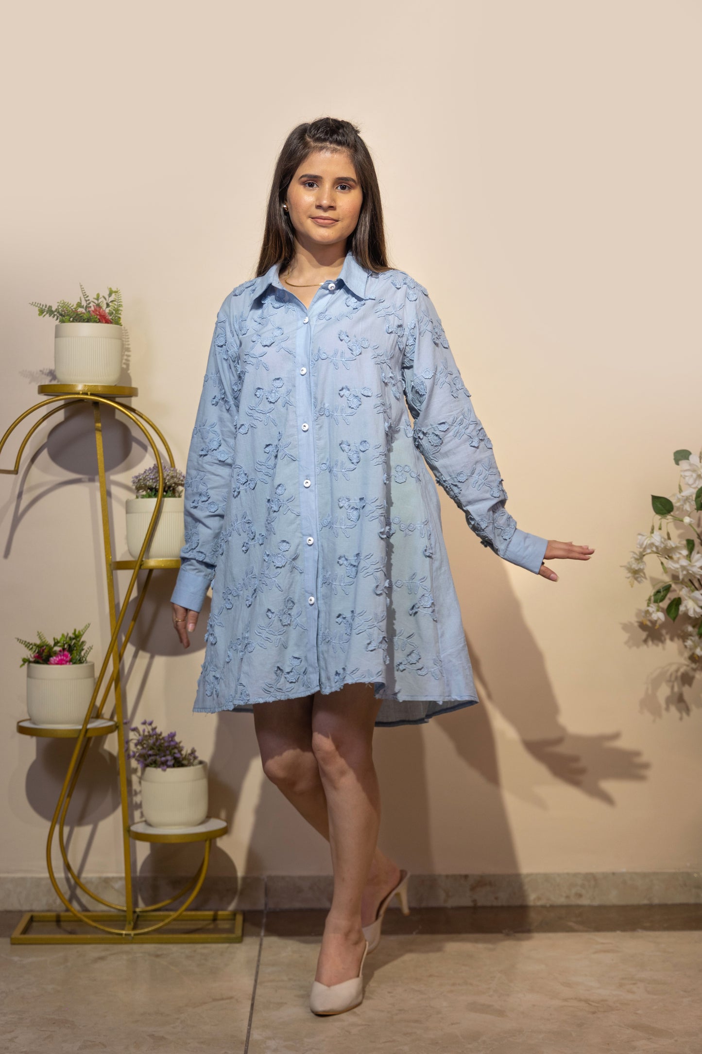 Floral Schiffli Embroidered Shirt Dress (Blue)