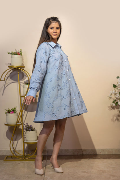 Floral Schiffli Embroidered Shirt Dress (Blue)